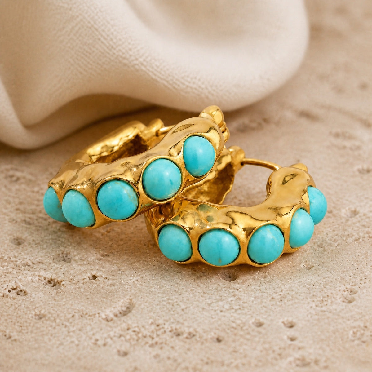 Bold Turquoise Stone Sculpted Hoop Earrings