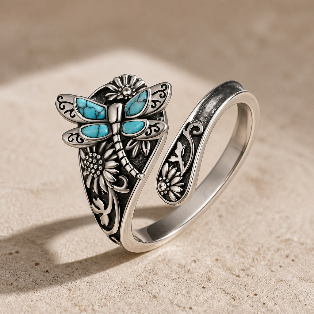 Dragonfly & Flower Engraved Silver Ring