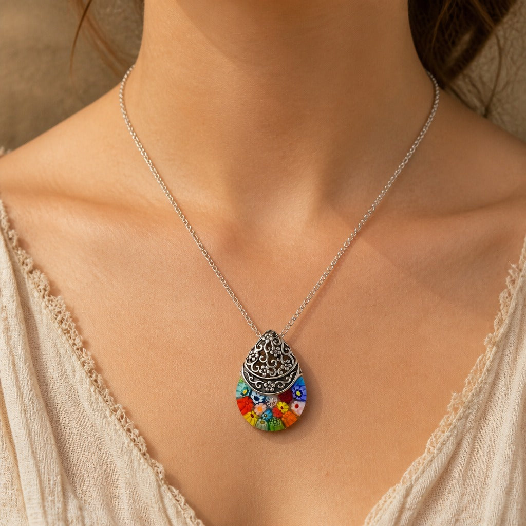 Glass Floral Engraved Pendant Necklace