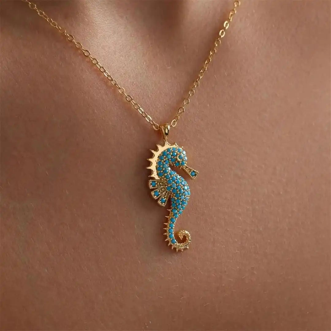 Gold Seahorse Turquoise Pendant Necklace