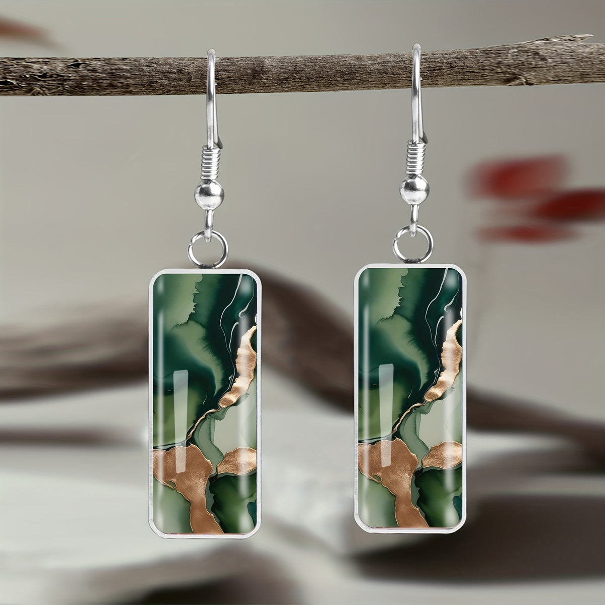 Minimalist Green Golden Abstract Earrings